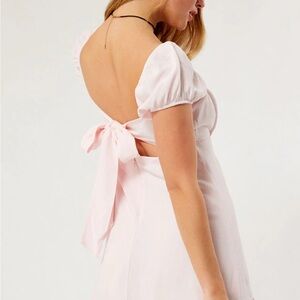 Pink Cottagecore Puff Sleeve Mini Dress with Open Back Bow – Feminine & Flowy